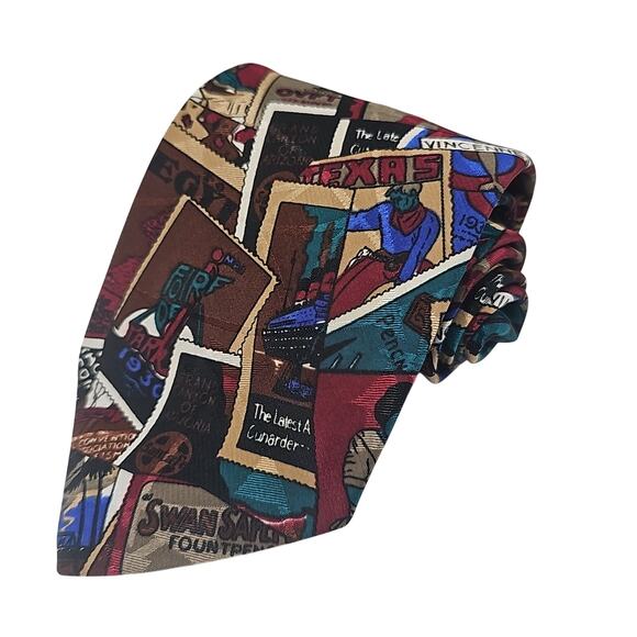 Rooster Novelty Tie Postage Stamps Burgundy Silk 56.6" - Picture 2 of 6